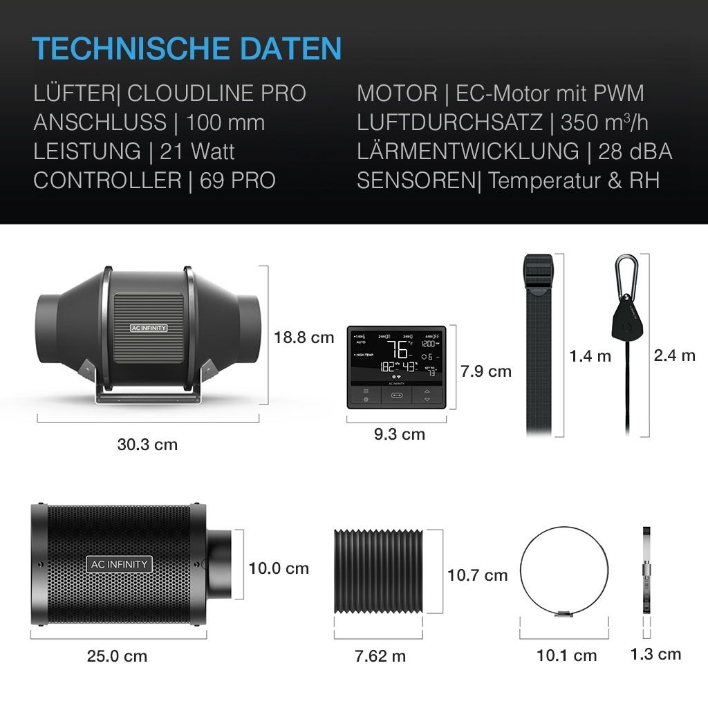 AC Abluft-Komplettset Pro 100, mit Lüfter, Filter, Smartcontroller, Schlauch und Sensoren /Luftstrom: 350 m3/h