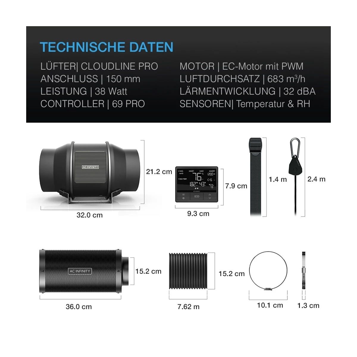 AC Abluft-Komplettset Pro 150, mit Lüfter, Filter, Smartcontroller, Schlauch und Sensoren /Luftstrom: 683 m3/h