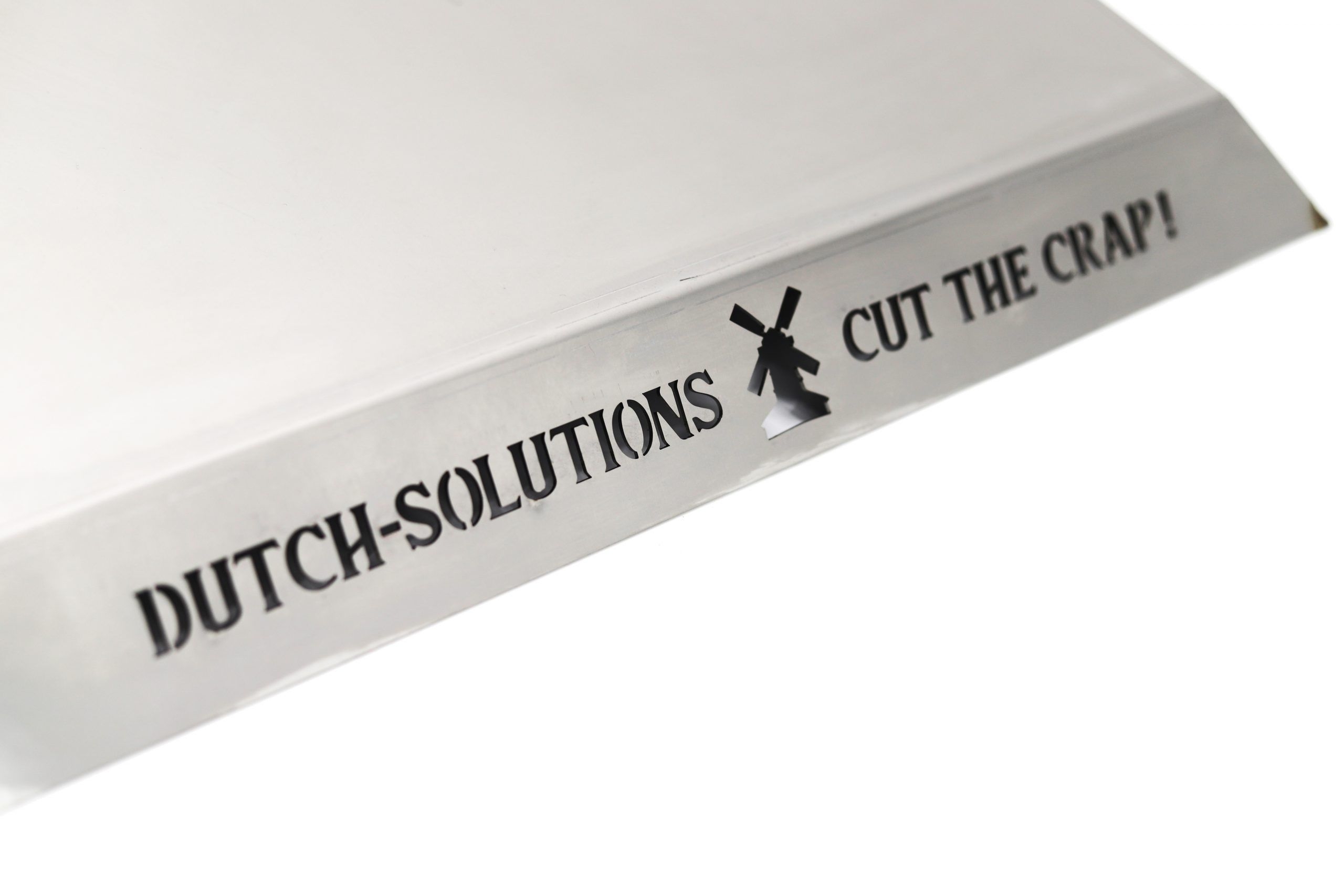 Dutch Soution, Mister Mean Edelstahlplatte. „Dutch Solutions Cut the crap!“ eingraviert