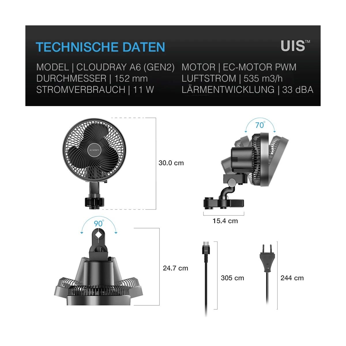 AC Infinity CLOUDRAY S6, GEN 2, Grow-Zelt-Clip-Ventilator 150 mm, EC-Motor, automatische Oszillation